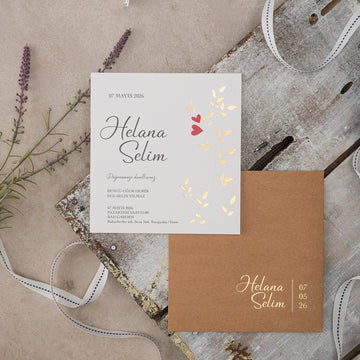 Romantic Square Wedding Invitation with Gold Foil & Kraft Envelope