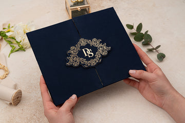 Elegant Navy Blue Wedding Invitation with Gold Foil Monogram – Premium Folded Design