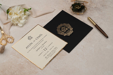 Black & Gold Foil Monogram Wedding Invitation – Luxury Square Design