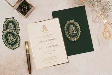 Elegant Dark Green Velvet Wedding Invitation with Gold Monogram