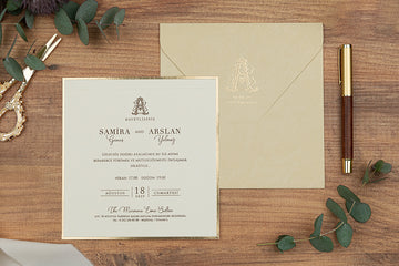 Cream Square Invitation with Gold Foil Edge and Monogram Envelope