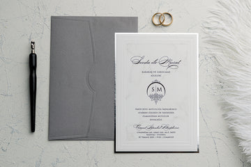 Modern Silver Framed Marble Wedding Invitation with Gray Envelope