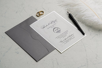 Modern Silver Framed Marble Wedding Invitation with Gray Envelope