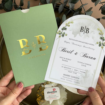 Green Botanical Wedding Invitation with Gold Foil Monogram | Arched Card Design