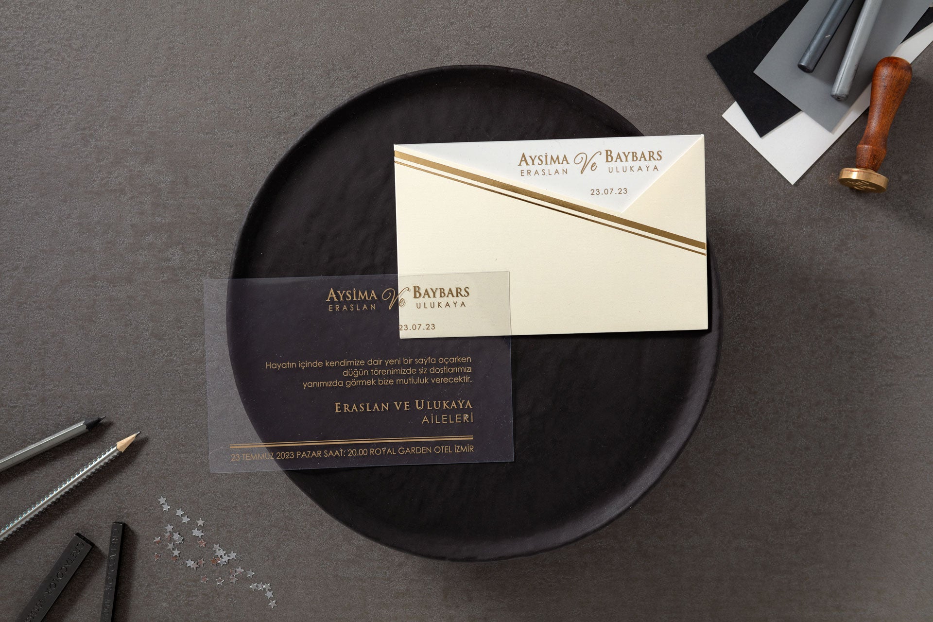 Luxury Acrylic Wedding Invitation with Gold Foil and Cream Envelope