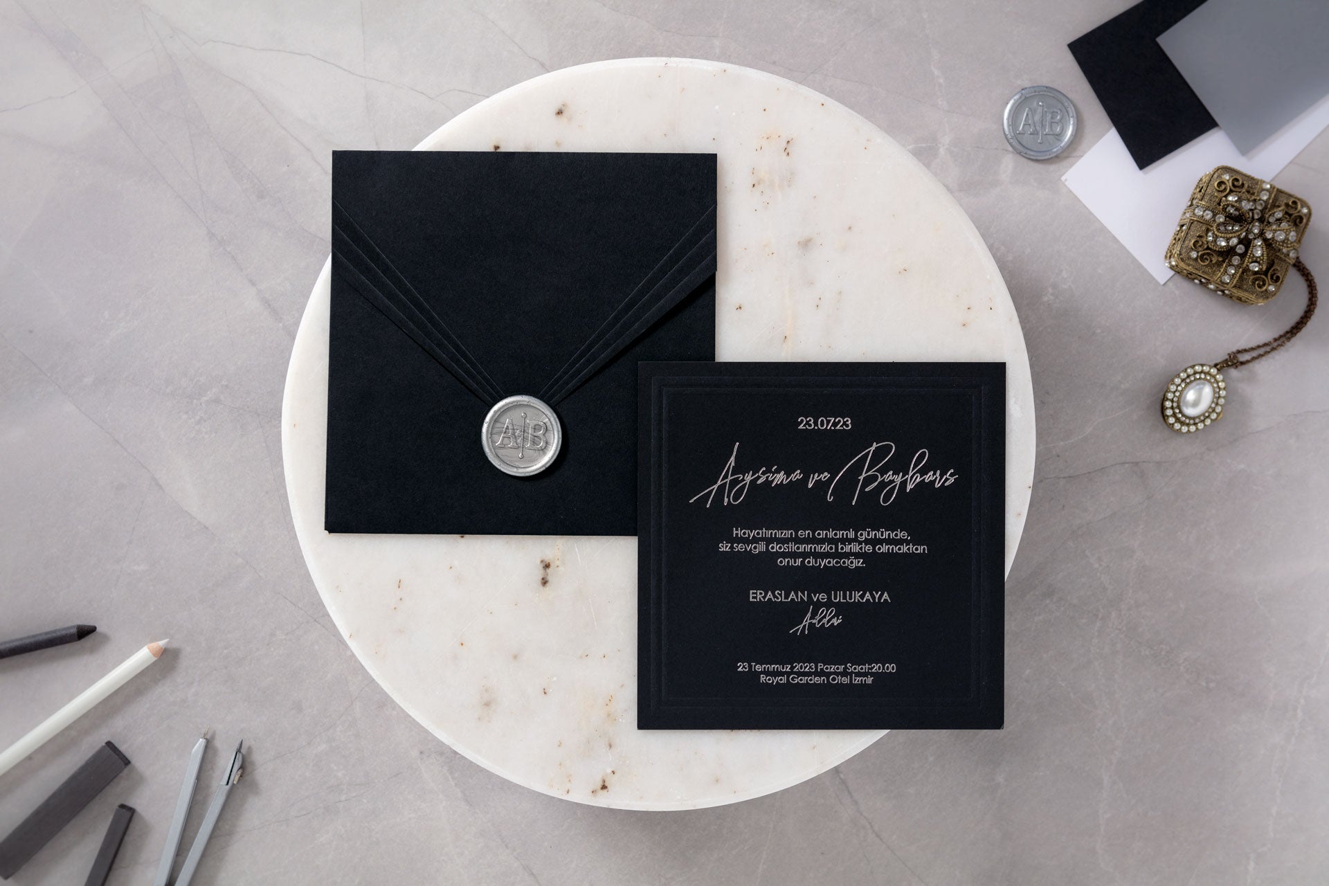 Black Luxury Wedding Invitation with Silver Wax Seal – Modern Elegant Design