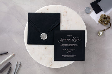 Black Luxury Wedding Invitation with Silver Wax Seal – Modern Elegant Design