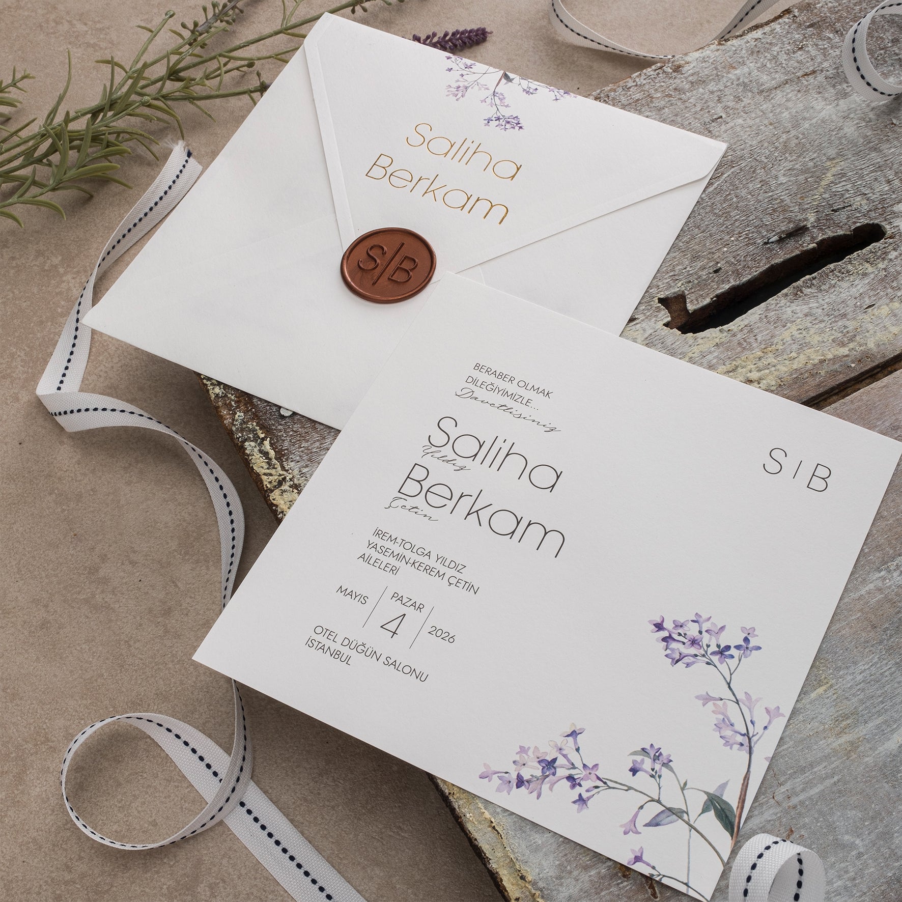 Modern Wedding Invitation with Lavender Detail & Wax Seal