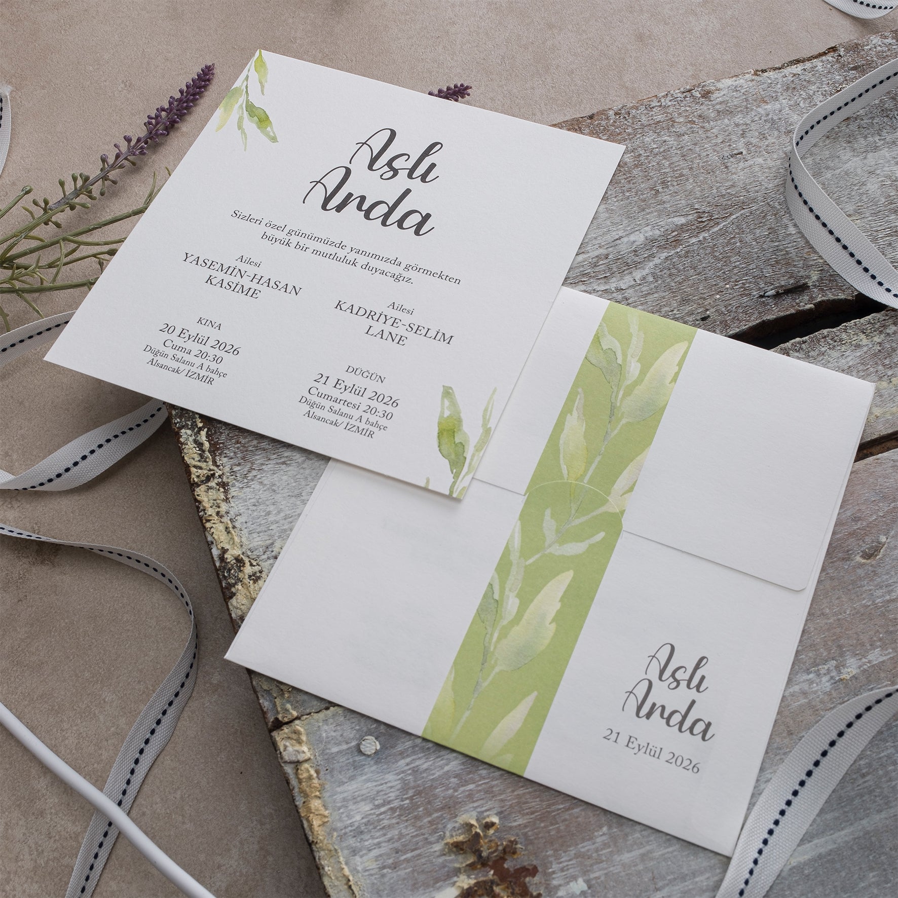 Botanical Wedding Invitation with Green Watercolor Leaf Details