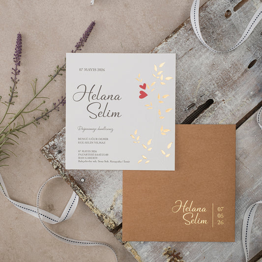 Romantic Square Wedding Invitation with Gold Foil & Kraft Envelope