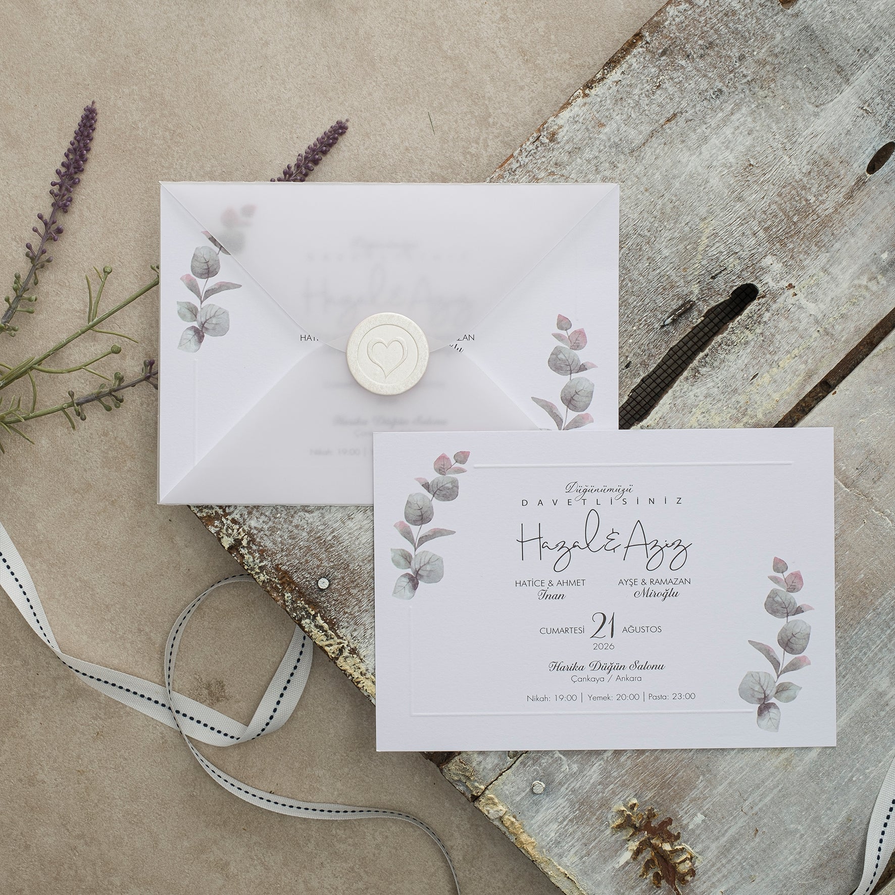 Botanical Wedding Invitation with Vellum Envelope and Heart Seal