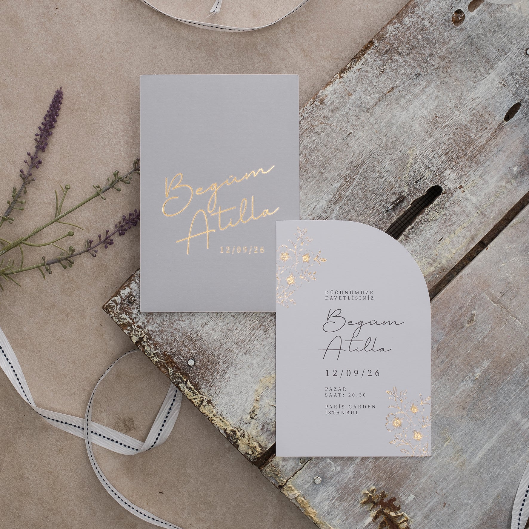 Elegant Floral Gray Wedding Invitation with Gold Foil