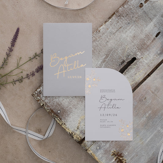 Elegant Floral Gray Wedding Invitation with Gold Foil