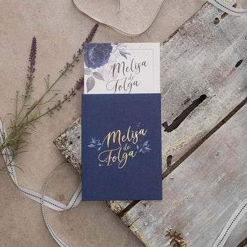 Midnight Blue Floral Wedding Invitation with Gold Foil Names
