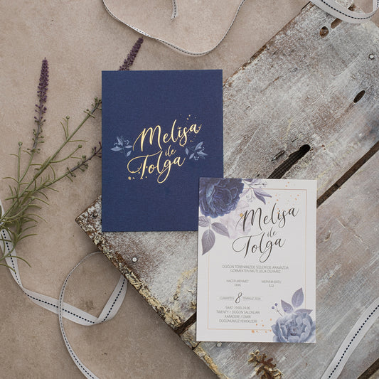 Midnight Blue Floral Wedding Invitation with Gold Foil Names