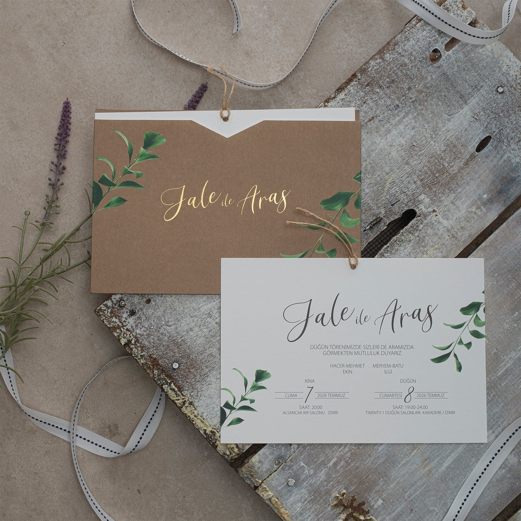 Rustic Kraft Wedding Invitation with Gold Foil and Twine Tie