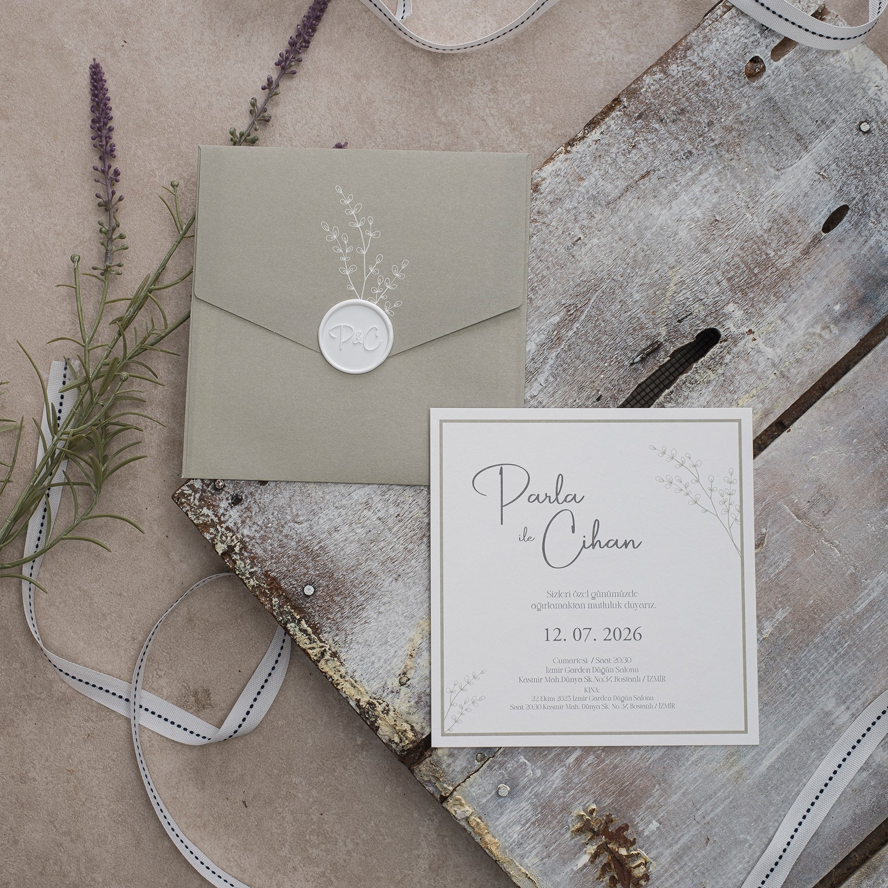 Olive Green Wax Sealed Wedding Invitation with Botanical Touches