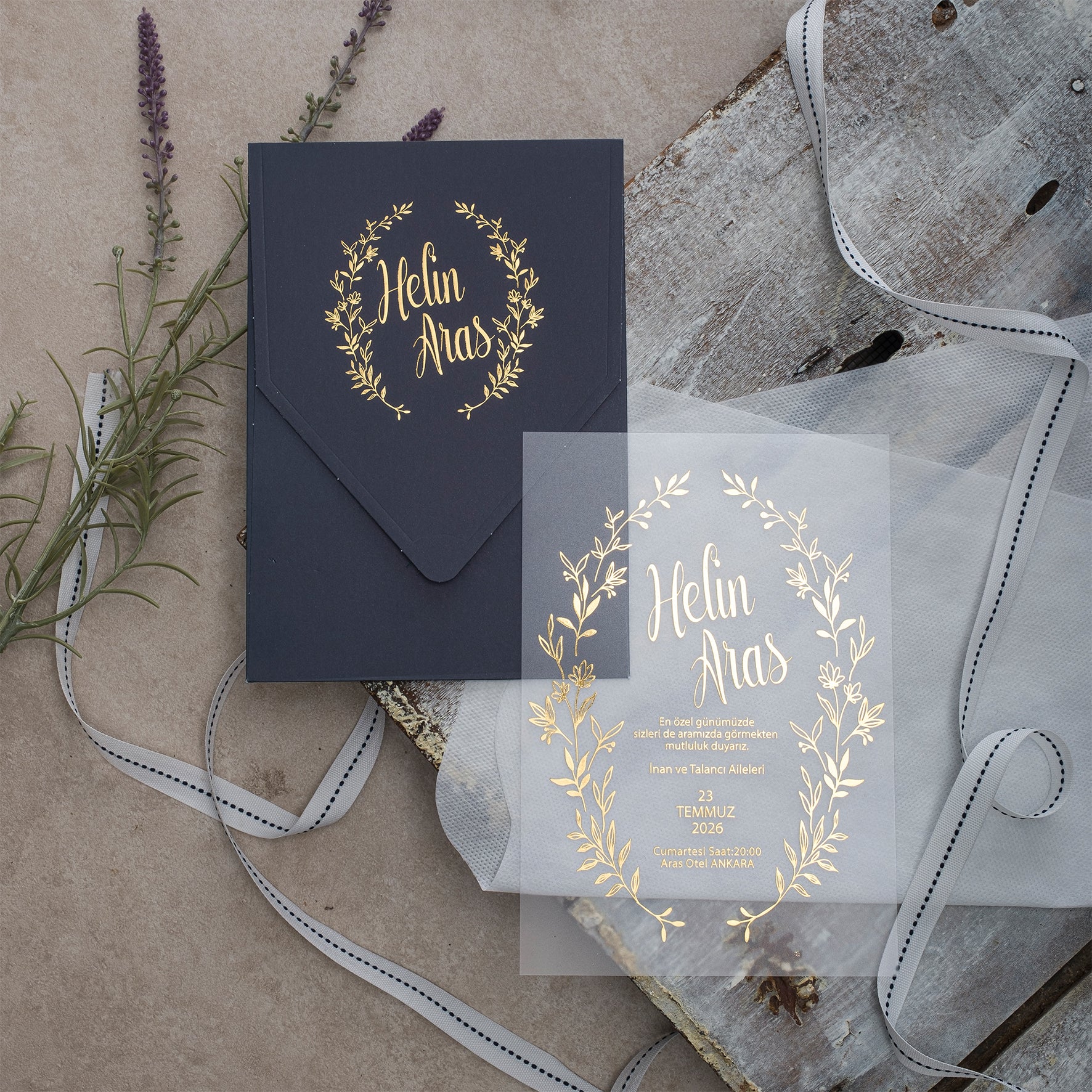 Luxury Transparent Acrylic Wedding Invitation with Gold Foil Wreath