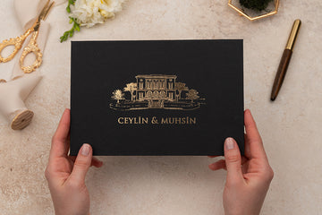 Luxury Black Wedding Invitation with Gold Foil Mansion Design