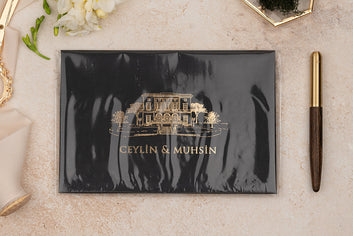 Luxury Black Wedding Invitation with Gold Foil Mansion Design