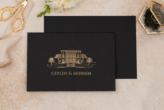 Luxury Black Wedding Invitation with Gold Foil Mansion Design