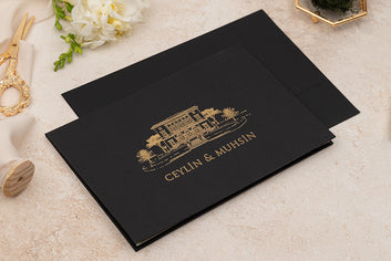 Luxury Black Wedding Invitation with Gold Foil Mansion Design