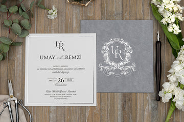 Silver Foil Crest Invitation with Textured Grey Envelope