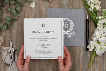 Silver Foil Crest Invitation with Textured Grey Envelope