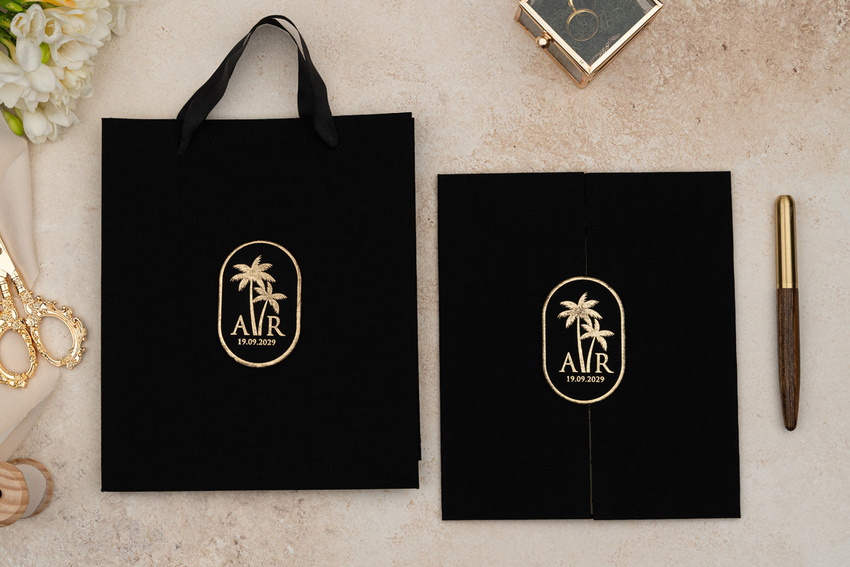 Luxury Black Wedding Invitation with Gold Foil Palm Design & Bag