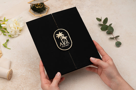 Black Velvet Wedding Invitation with Tropical Gold Monogram