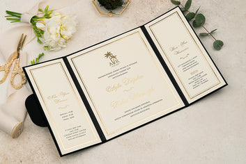 Black Velvet Wedding Invitation with Tropical Gold Monogram