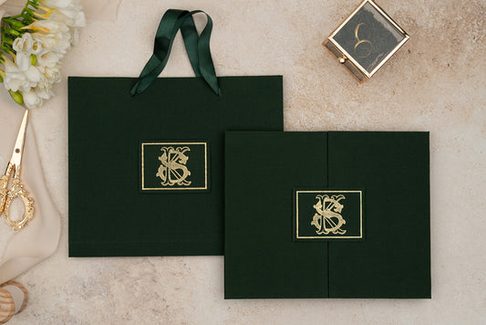 Emerald Green Velvet Monogram Invitation with Box