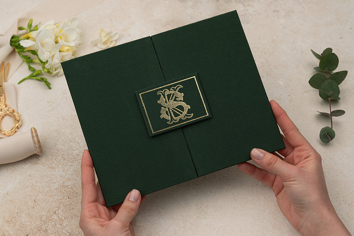 Luxury Green Wedding Invitation with Gold Foil Monogram & Floral Design