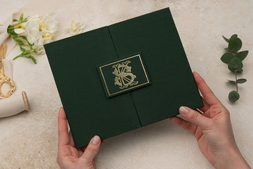 Luxury Green Wedding Invitation with Gold Foil Monogram & Floral Design