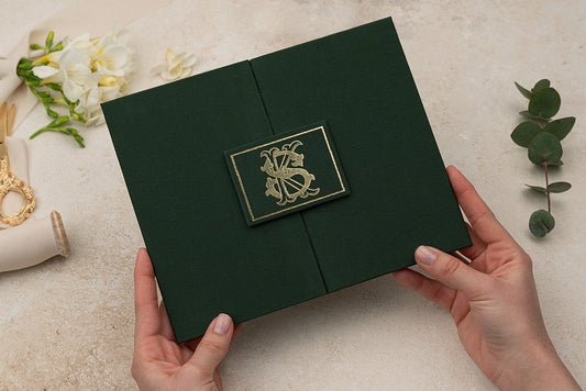 Luxury Green Wedding Invitation with Gold Foil Monogram & Floral Design