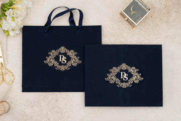 Luxury Navy Wedding Invitation with Gold Foil Baroque Monogram & Bag