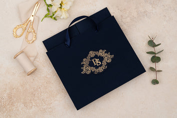Luxury Navy Wedding Invitation with Gold Foil Baroque Monogram & Bag