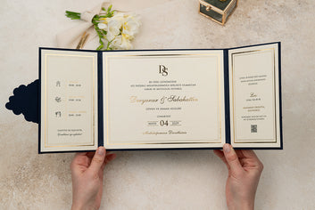 Elegant Navy Blue Wedding Invitation with Gold Foil Monogram – Premium Folded Design