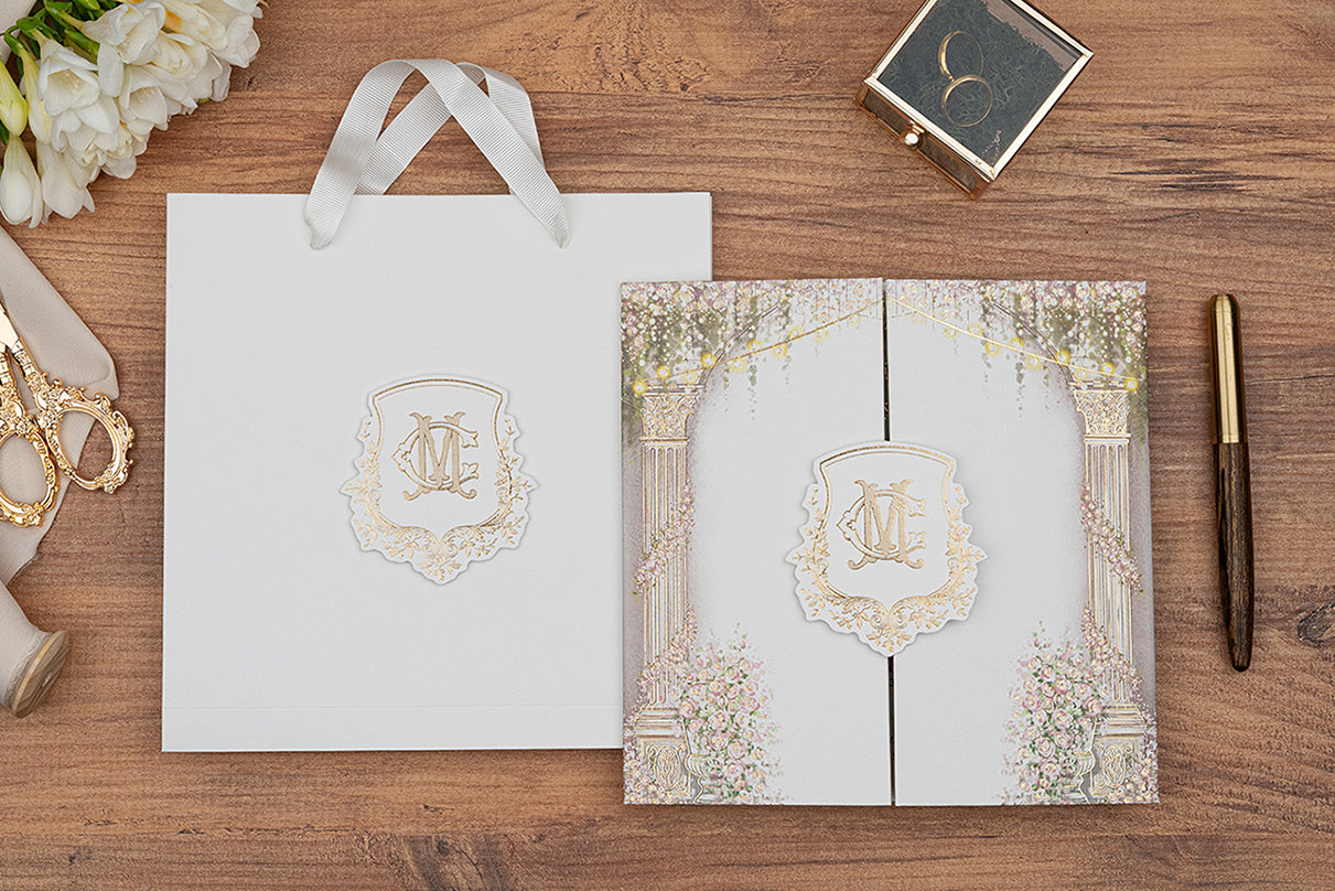 Ivory & Gold Wedding Invitation with Classical Floral Gatefold