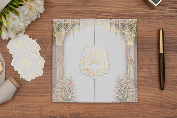 Luxury White & Gold Floral Gatefold Wedding Invitation with Monogram Seal