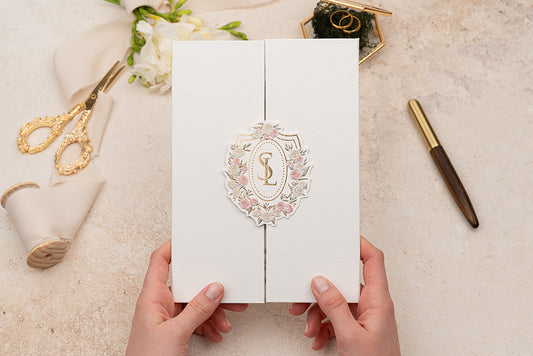 Elegant White Folded Invitation with Floral Monogram & Gold Foil