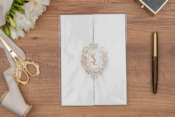 Elegant White Folded Invitation with Floral Monogram & Gold Foil