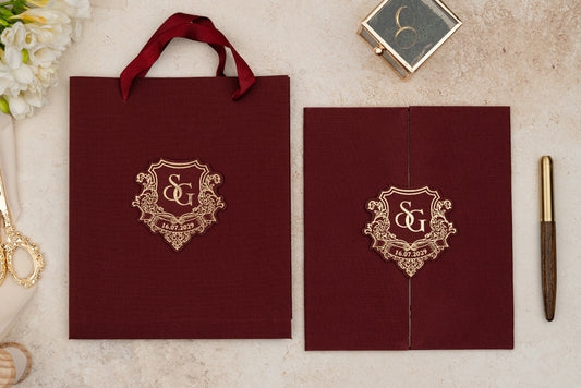 Luxury Burgundy Velvet Wedding Invitation with Monogram