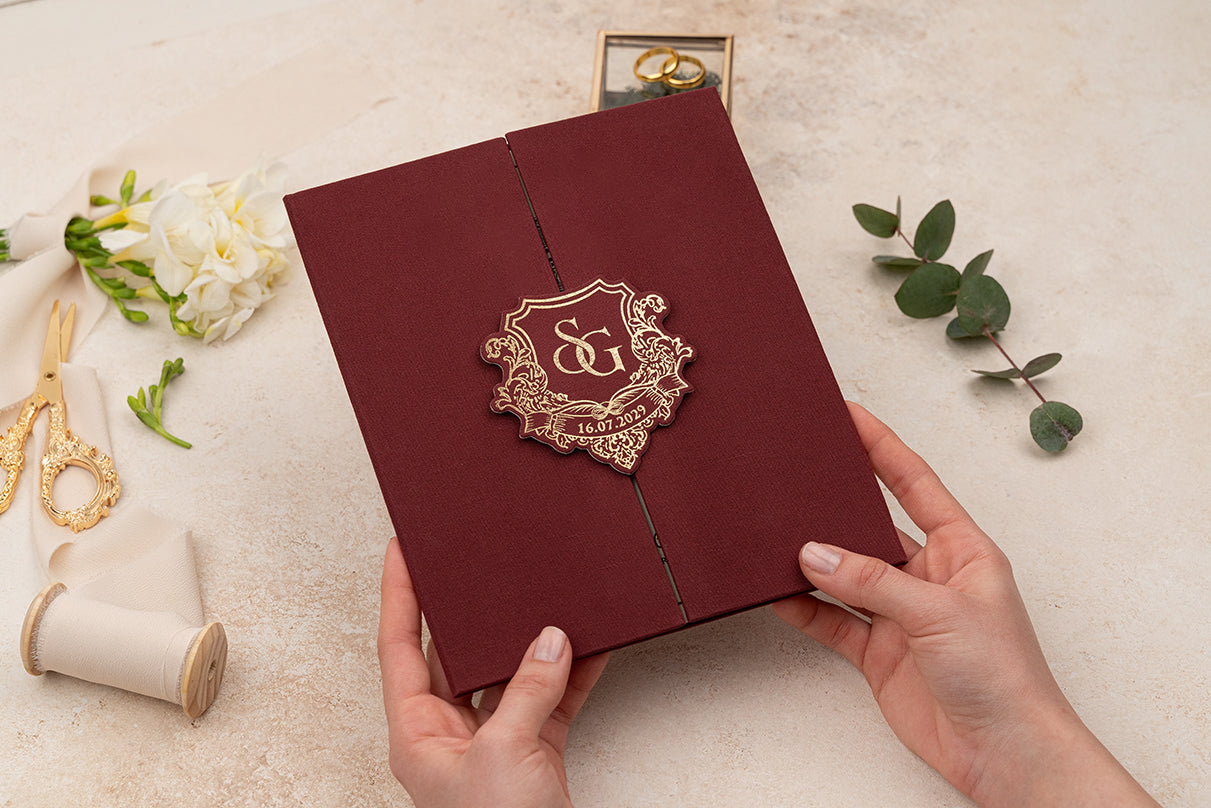 Luxury Burgundy Wedding Invitation with Gold Foil Monogram