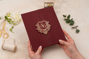 Luxury Burgundy Wedding Invitation with Gold Foil Monogram