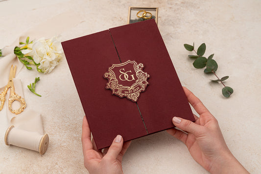 Luxury Burgundy Wedding Invitation with Gold Foil Monogram