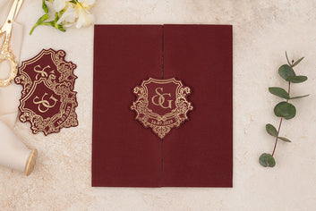Luxury Burgundy Wedding Invitation with Gold Foil Monogram