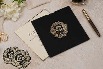 Black & Gold Foil Monogram Wedding Invitation – Luxury Square Design