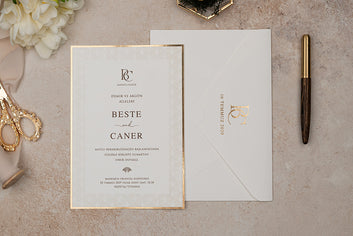 Elegant Cream Wedding Invitation with Gold Foil Border & Envelope