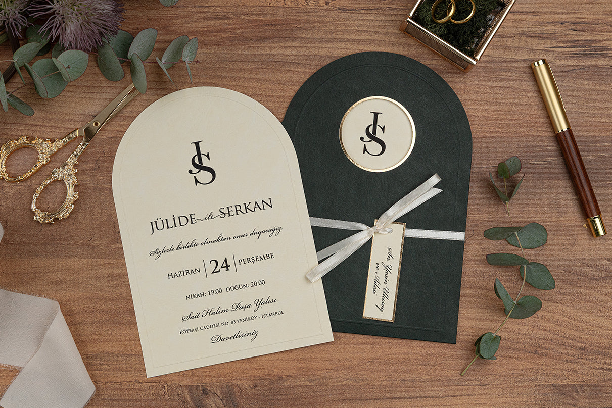 Dark Green Arch Wedding Invitation with Monogram & Ribbon